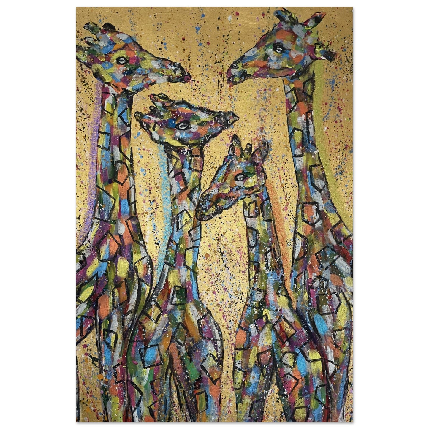 Multi Coloured Giraffes Wood Prints